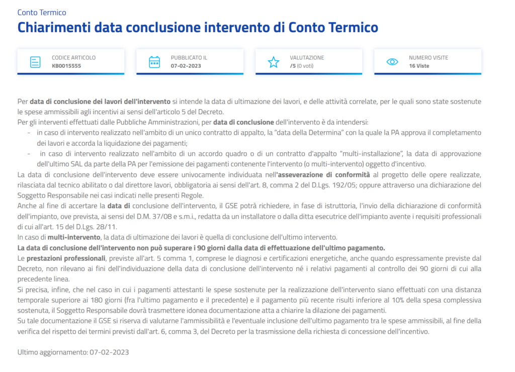 Conto Termico Nuova FAQ GSE Fine Lavori E Distanza Temporale Con I