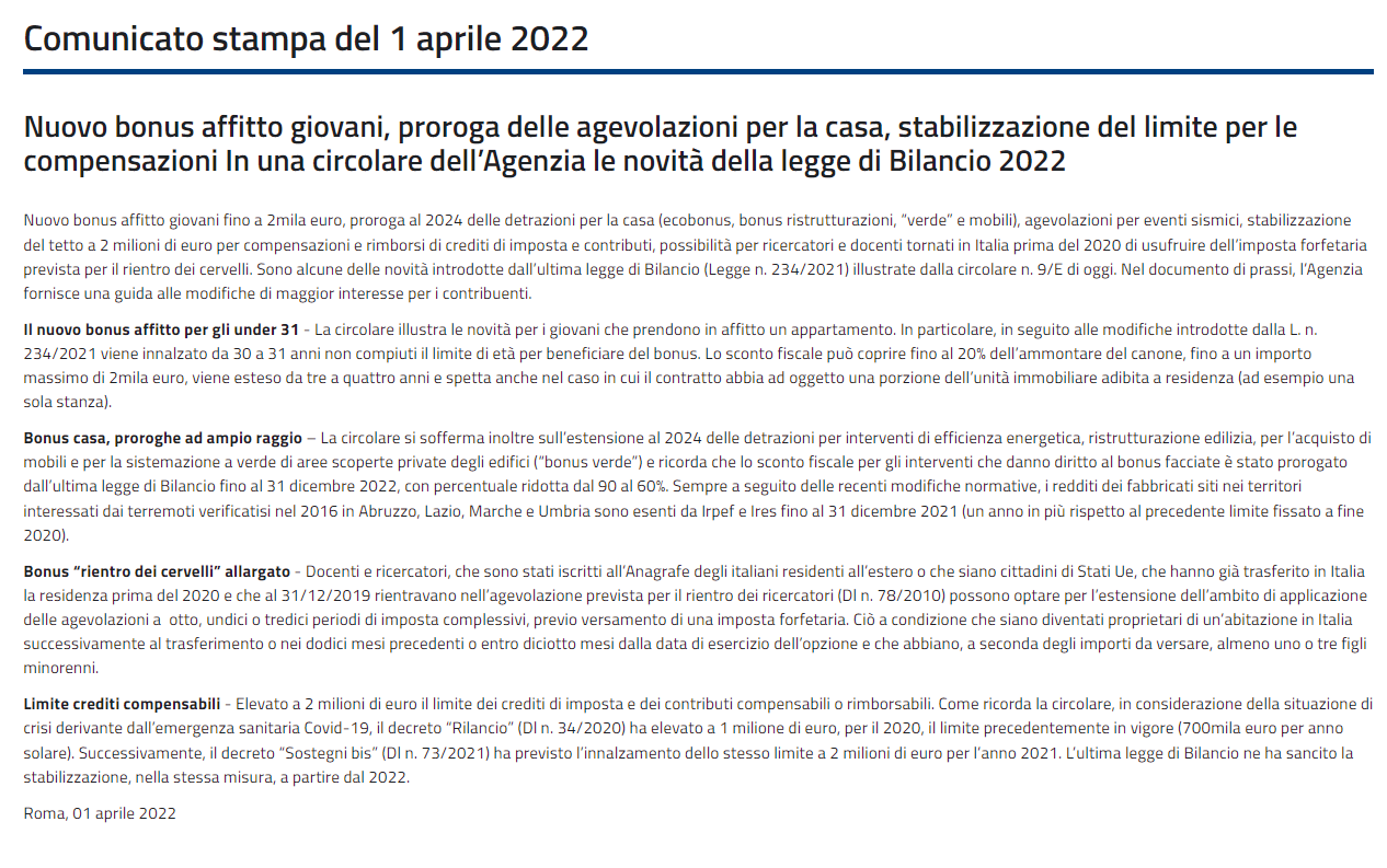 Circolare Dell’Agenzia Le Novità Della Legge Di Bilancio 2022 - Enrico ...