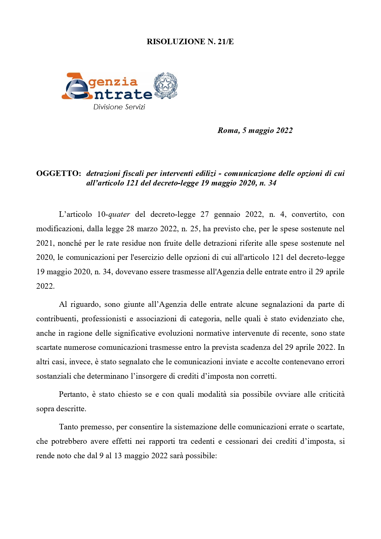 Risoluzione 21/E - Detrazioni Fiscali Per Interventi Edilizi ...