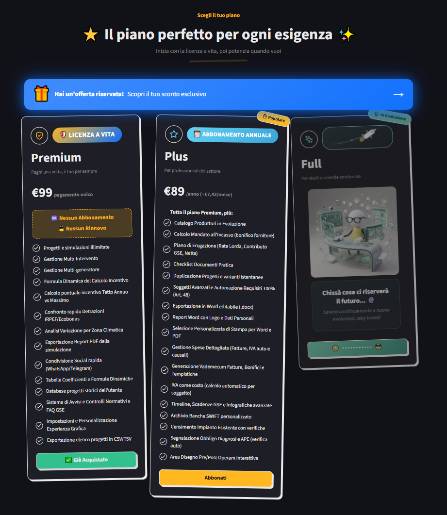 Pagina prezzi con banner offerta riservata