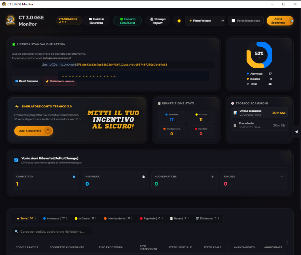 Screenshot Dashboard GSE Monitor — Home Page Applicazione