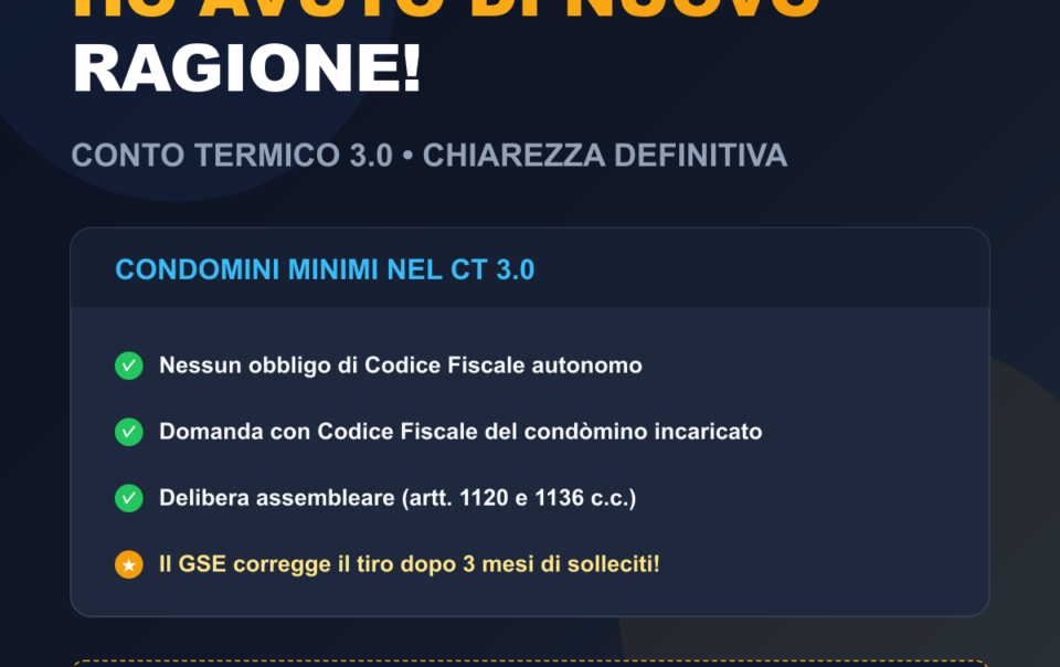 Copertina: Ho avuto di nuovo ragione: il GSE fa marcia indietro sui Condomini Minimi nel Conto Termico 3.0!