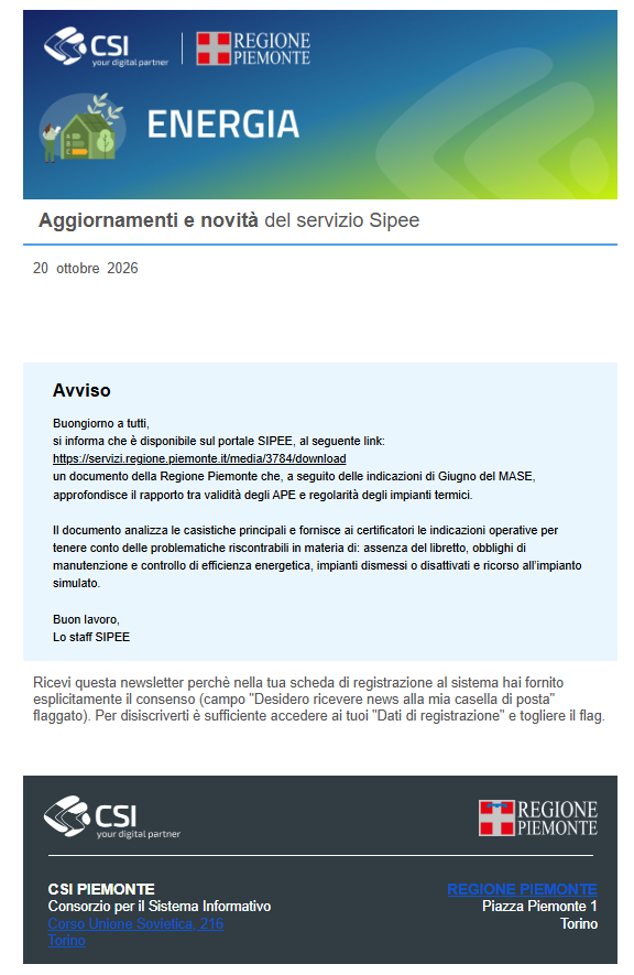 Avviso SIPEE Regione Piemonte Comunicazione Validità APE e Mancanza Libretto Impianto