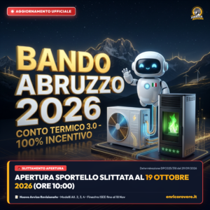 Bando Abruzzo 2026 con scritta gigante 3D e avviso rinvio apertura al 19 ottobre 2026
