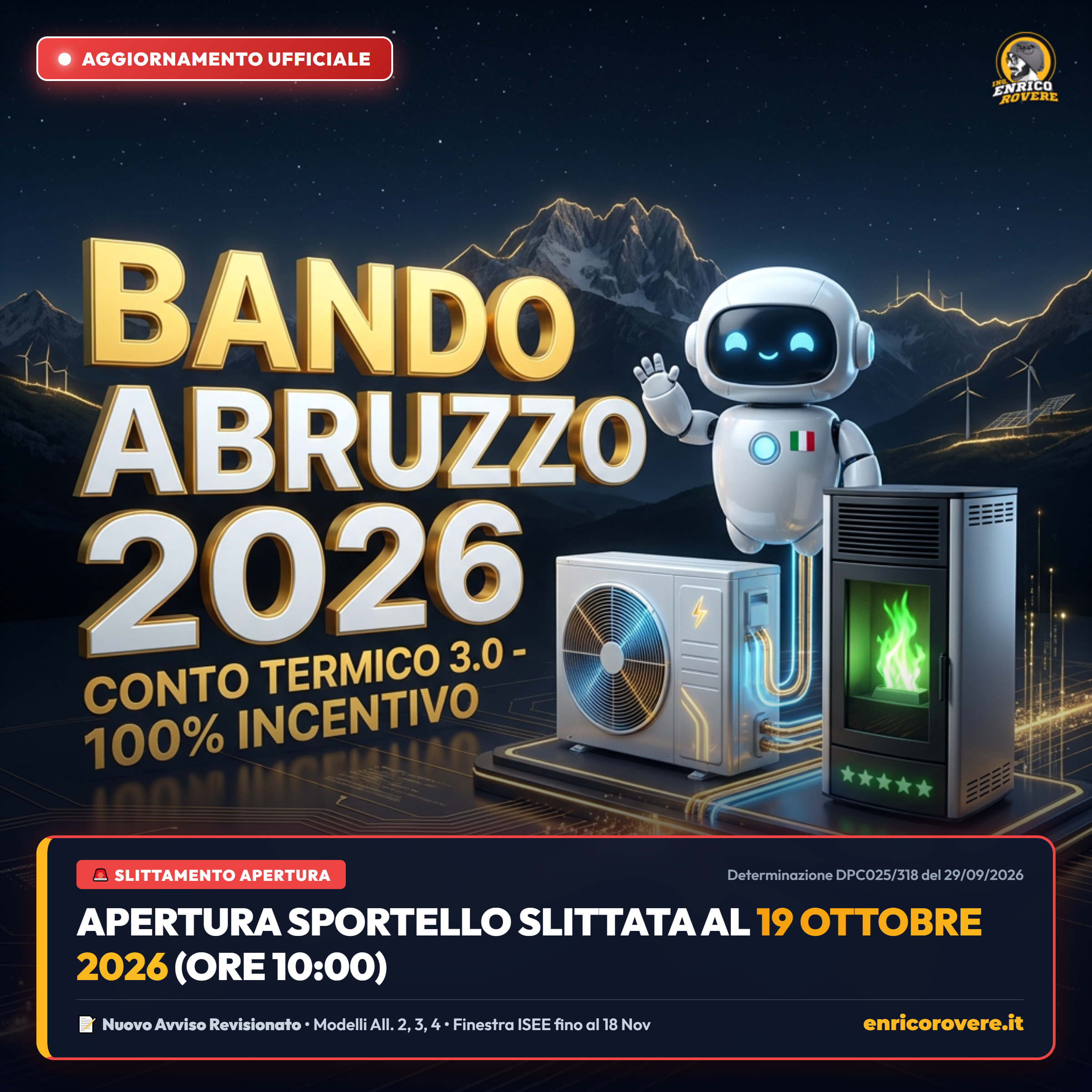 Bando Abruzzo 2026 con scritta gigante 3D e avviso rinvio apertura al 19 ottobre 2026