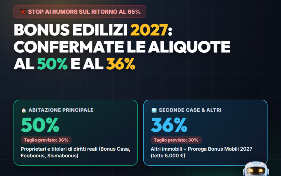 Copertina: Bonus Edilizi 2027: Niente 65%, MA il Governo Conferma le Aliquote al 50% e 36%