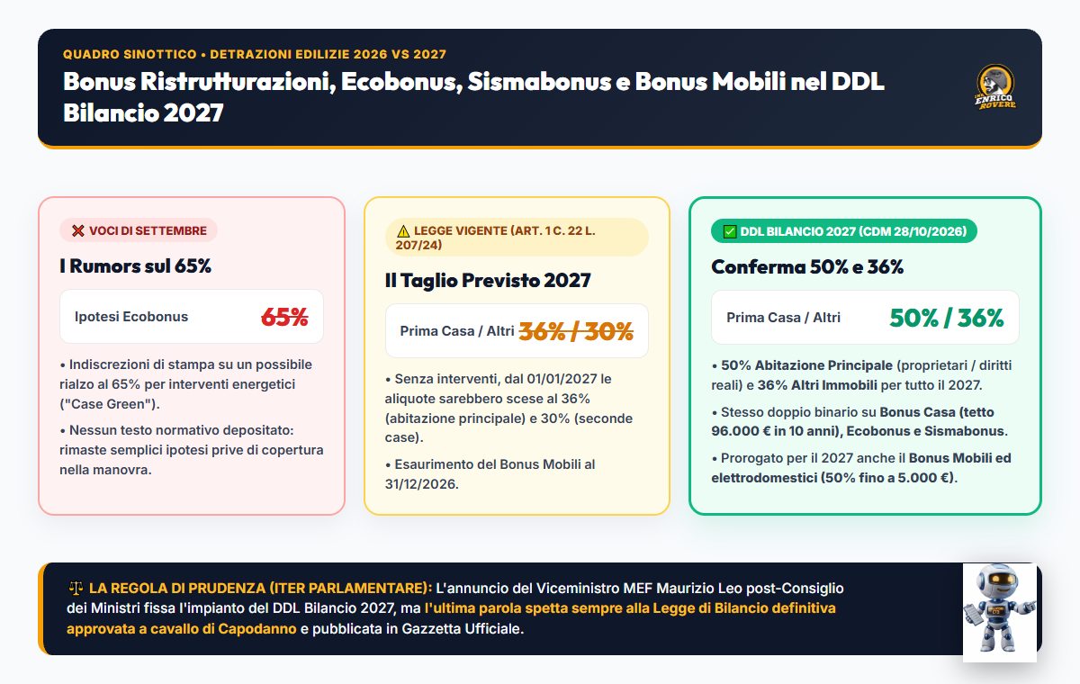 Infografica di confronto sulle aliquote dei Bonus Edilizi 2027: niente 65%, evitato il taglio al 36%/30% e confermate nel DDL Bilancio 2027 le aliquote 50% abitazione principale e 36% altri immobili