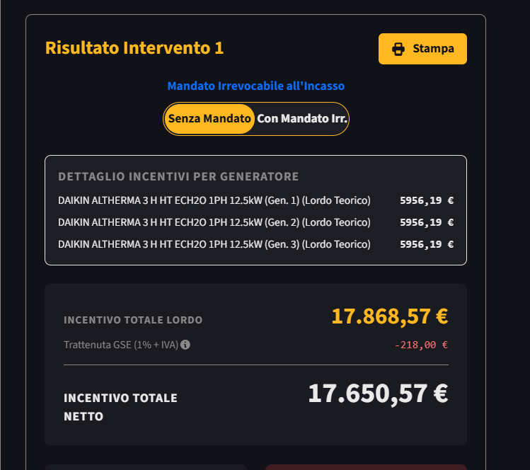 CT Simulatore: risultato 3 pompe di calore 12,5 kW totale 37,5 kW incentivo 17.868,57 euro