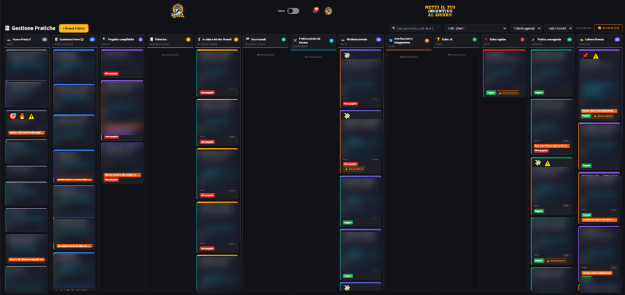 Vista Kanban in tempo reale per la gestione delle pratiche Conto Termico 3.0 di installatori e rivenditori